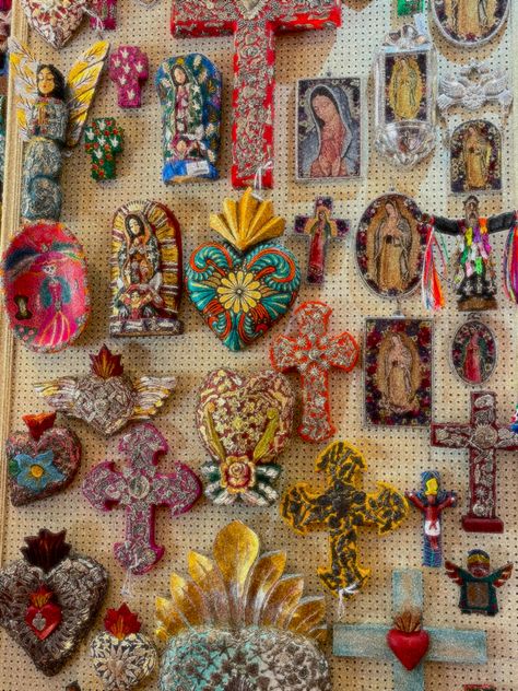 Mexican art | crosses | sacred heart | virgin de guadalup | colorful | wall art | artisian | handmade | mexico Mexican Art Gallery Wall, Mexican Room Decor, Mexican Room Aesthetic, Mexican Mosaic, Diy Milagro Heart, Mexican Room, Mexican Cross, Graduation Aesthetic, Mexican Crosses Wall Folk Art