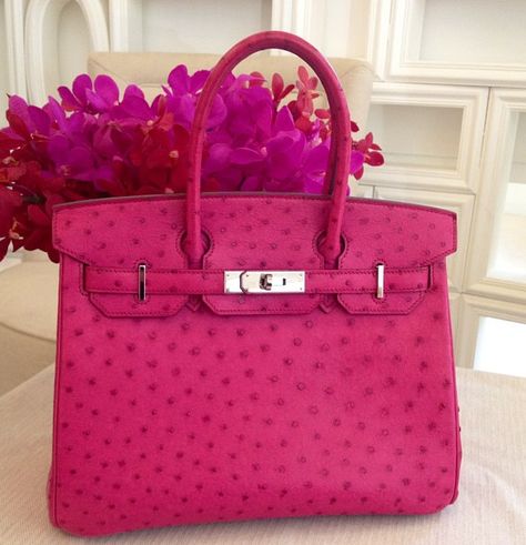 Bright pink Ostrich Hermes Birkin with palladium hardware. Pink Ostrich Birkin, Pink Birkin, Pink Closet, Hermes Birkin Handbags, Pink Bags, Hermes Kelly Bag, Fashion Illustration Sketches Dresses, Sketches Dresses, Kelly Bag