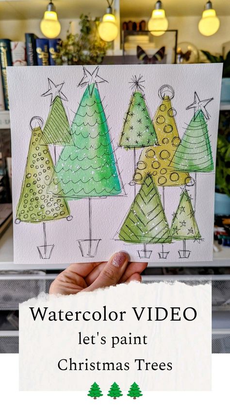 Watercolor Christmas Tree Simple, Watercolor Doodles Easy Christmas, Water Colour Christmas Tree, Easy Watercolour Christmas, Easy Water Colour Christmas Cards, Water Colour Christmas Cards Ideas Easy, Watercolor Christmas Cards Tutorial How To Paint, Easy Watercolor Christmas Cards Ideas, Watercolor Christmas Tree Cards