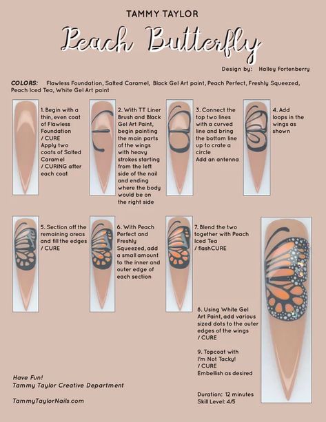 Nail Painting Tips, Peach Butterfly, Butterfly Step By Step, Nail Tech School, Nailart Tutorial, Acrylic Nail Supplies, Tammy Taylor Nails, Nail Tutorial Videos, Business Nails