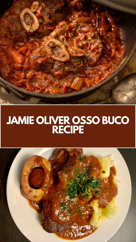 Jamie Oliver Ossobuco is made with veal shanks, onions, carrots, garlic, celery, rosemary, white wine, tomato purée, chicken stock, and gremolata (parsley, garlic, lemon zest). This traditional Italian Ossobuco recipe creates a hearty dinner that takes about 2.5 hours to prepare and can serve up to 4 people. Veal Shank Osso Bucco, Food And Wine Magazine Recipes, Beef Shank Osso Bucco Recipe, Osso Bucco Recipe Dutch Oven, Osso Bucco Recipe Beef, Venison Osso Bucco Recipe, Osobuco Recipe, Osso Bucco Recipe Slow Cooker, Veal Osso Bucco Recipe