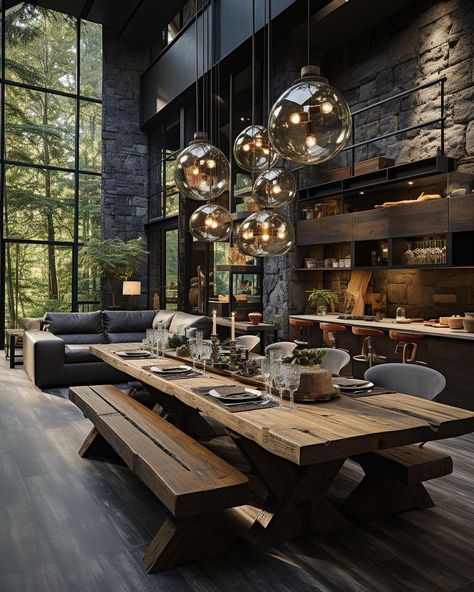 A touch of green, a dash of luxury, and a whole lot of elegance. @idlnasia Follow @breckandfox more inspiration! Dining Room Mountain Home, Chalet Dining Room, Inside Aesthetic, Rustic Mountain Homes, Sustainable Home Decor, Modern Mountain Home, House Arch Design, Modern Mountain, Home Design Living Room