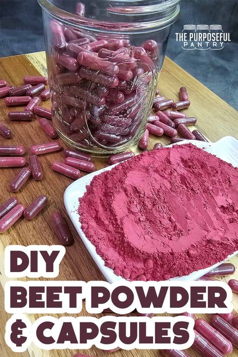 Creating and using beet powder is a great way to add nutrition into red sauce based meals and things like meatloaf. You can also create these diy capsules to add as a supplement during your day! This is a great way to get your kids to eat beets...even when they don't want to! Beet Powder Benefits, Purposeful Pantry, Dehydrating Vegetables, How To Make Beets, Dehydrating Food Storage, Beet Powder, Food Dehydration, Beet Chips, Dehydrating Food