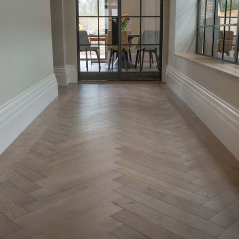 Dominica Oak Herringbone with 2 line border. Engineered hardwood flooring with hard wearing lacquer finish Black Wood Floors, Grey Wood Floors, Herringbone Wood Floor, Herringbone Wood, Hallway Flooring, Herringbone Floor, Dark Wood Floors, Engineered Hardwood Flooring, Parquet Flooring