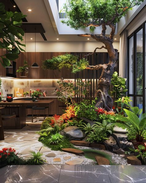 Indoor Garden Oasis with Magnificent Tree Indoor Garden Rooms, Garden Tattoos, Inspirational Digital Art, Living Room And Kitchen, Wall Painting Art, Garden Drawing, Bedroom Wall Paint, Indoor Gardens, Home Garden Design