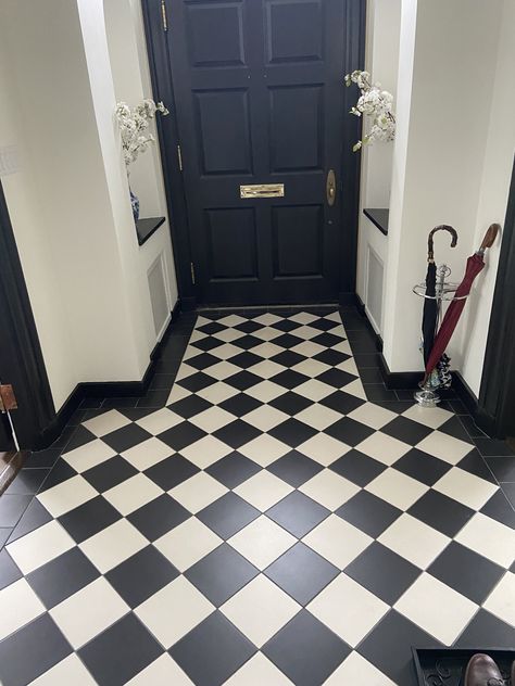 White Tiles Hallway, Black And White Tiles Hallway, Tiles Hallway, Porch Tiles, Victorian School, Black And White Flooring, Painted Floorboards, Entryway Inspo, Entryway Floor