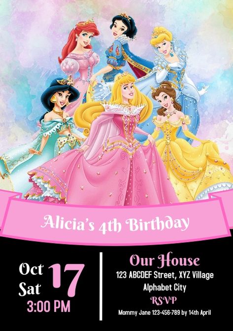 Free Online Party Invitations, Free Princess Party Invitation Template, Disney Princess Invitations Template Free Printable, Princess Invitation Template Free, Disney Princess Birthday Invitations, Disney Princess Birthday Card, Princess Pic, Happy Birthday Disney Princess, Bday Invitation Card