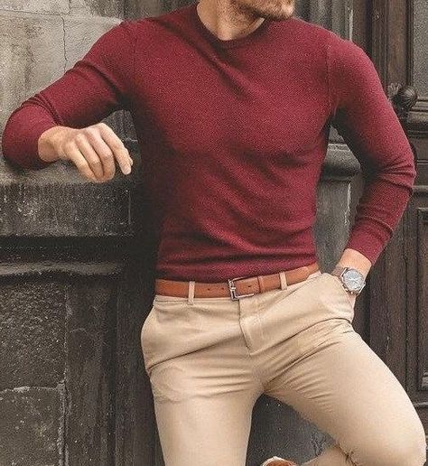 Maroon Long Sleeve Shirt Outfits Men, Men’s Brown Shirt Outfit, Red And Beige Outfit Men, Red Long Sleeve Shirt Outfit Men, Red And Brown Outfit Men, Tan And Red Outfits, Jewel Tone Outfits Men, Men’s Red Outfit, Men’s Valentines Outfit