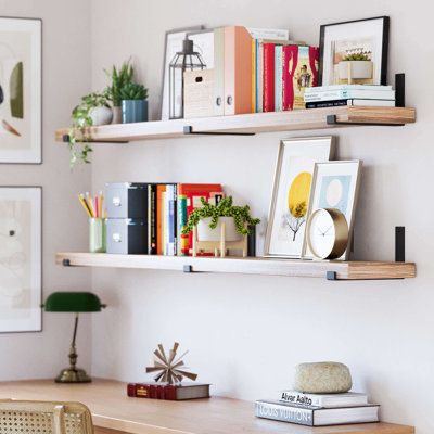 Shelves For Room Bedrooms, Floating Shelves Living Room Full Wall, Book Shelves Wall Mounted, Shelves Over Desk Ideas, Large Floating Shelves Office, Teen Boys Room Wall Shelves, Floating Bookshelves Above Desk, Bookshelf Hanging Wall, Staggered Floating Shelves Bedroom