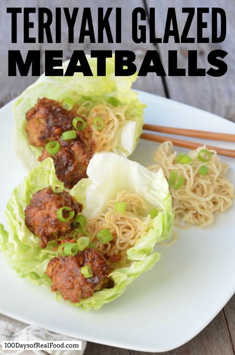 Teriyaki Glazed Meatball Lettuce Wraps Meatball Wrap, Meatball Lettuce Wraps, Chicken Lettuce Cups, Lettuce Wraps Healthy, Beef Lettuce Wraps, Glazed Meatballs, Teriyaki Glaze, Lettuce Wrap Recipes, Lettuce Cups