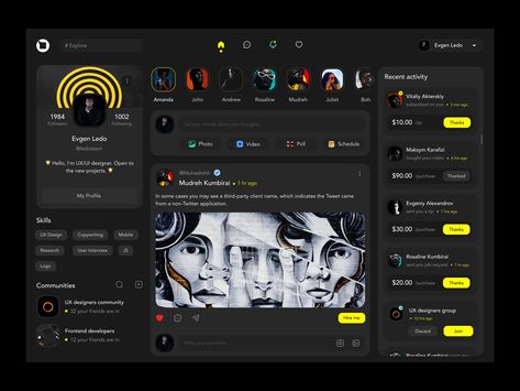 Social Media Platform for Artists by Yev Ledenov for Ledo on Dribbble Profile Ui, Social App Design, Ui Design Dashboard, Wireframe Design, Mobile App Design Inspiration, Social Web, App Interface Design, Twitter Design, Ui Design Website