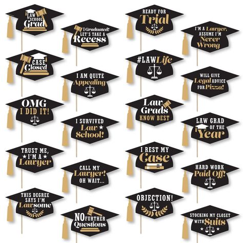 "Create memorable graduation photos with this fun senior superlative photo prop kit. Each Funny Graduation Caps prop kit comes with printed tassel accents and 20 funny sayings to inspire perfectly shareable pics. Whether you are taking photos for the senior life section of your yearbook, using them at your grad party photo booth, or even bringing them to your senior class party, these graduation photo props will be enjoyed by everyone in your class. Name your future CEO, the friend who will neve Lawyer Graduation Party, Graduation Party Photo Booth Props, Future Ceo, Graduation Party Photo Booth, Lawyer Graduation, Funny Graduation Caps, Graduation Photo Props, Graduation Photo Booth Props, Diy Photo Booth Props