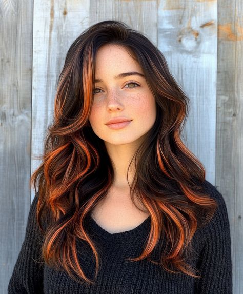 Hair Color With Hazel Eyes, Face Framing Copper Highlights, Dark To Copper Hair, Black Hair Orange Highlights, Black Hair Copper Highlights, Black Hair With Copper, Black Copper Hair, Dark Hair With Copper Highlights, Black Hair With Copper Highlights