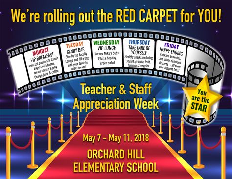 Schedule for Red Carpet Movie Star Themed Teacher Appreciation Week Staff Appreciation Movie Theme, Theme For Teacher Appreciation Week, Vip Teacher Appreciation Week, Teacher Appreciation Movie Theme, Hollywood Theme Teacher Appreciation Week, Movie Theme Teacher Appreciation Week, Movie Star Teacher Appreciation Week, Teacher Appreciation Hollywood Theme, Employee Appreciation Week Themes