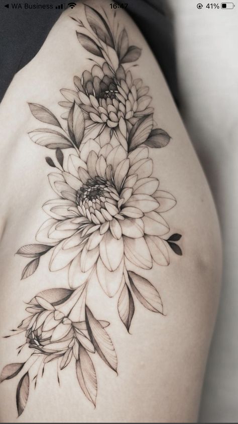 Dahlia Flower Fine Line Tattoo, Dahlia And Rose Tattoo, Dahlia Hip Tattoo, Flowers And Insects Tattoo, Dahlia Flower Tattoo Designs, Dahlia Fine Line Tattoo, Fine Line Dahlia Tattoo, Dahlia Tattoo Shoulder, Blackout Floral Tattoo