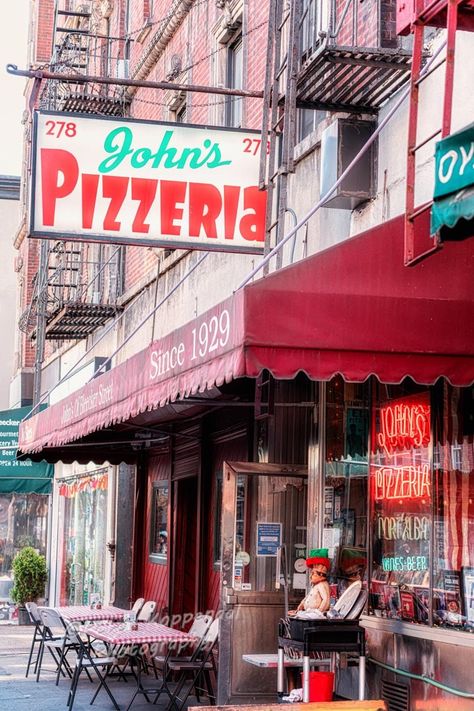 Title: John's Pizza, Greenwich Village.  A cornerstone of the neighborhood in the famous and iconic Greenwich Village in New York City. I grew up wandering this neighborhood, and have many fond memories of my time spent there, including eating at John's many times!   More Greenwich Village & SOHO images: https://etsy.me/3gmxJkR More New York images: https://etsy.me/3a0V4ng More Urban images: https://etsy.me/2QvQvK7 YOUR PRINTS: (All watermarks will be removed)  All prints are made to order on pr Pizzeria New York, New York Images, Greenwich Village Nyc, New York Pizza, I Love New York, Bleecker Street, Autumn In New York, Street New York, Nyc Photography