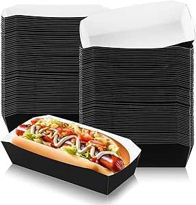 Yeaqee 100 Pcs 7" Paper Hot Dog Trays Disposable Paper Food Nacho Boats Hot Dog Holders Hot Dog Plates Disposable Serving Trays for Carnivals, Parties, Dinner, Cookouts(Black) Hot Dog Platter, Hot Dog Table Set Up, Hot Dog Board Ideas, Hot Dog Catering Ideas, Hot Dog Tray, Disposable Serving Trays, Dog Holder, Paper Food, Black Tray