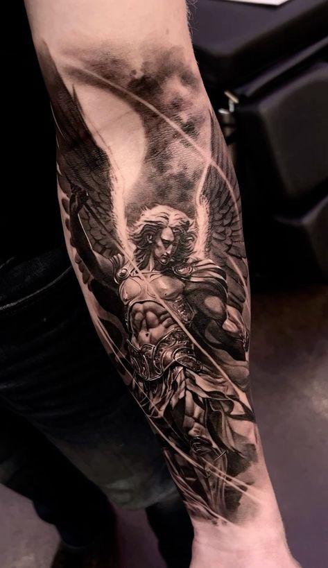 Arcangel Tattoo, Angel Tats, Jesus Tattoo Sleeve, Angel Warrior Tattoo, Tattoo Jesus, St Michael Tattoo, Warrior Tattoo Sleeve, Norse Mythology Tattoo, Archangel Tattoo