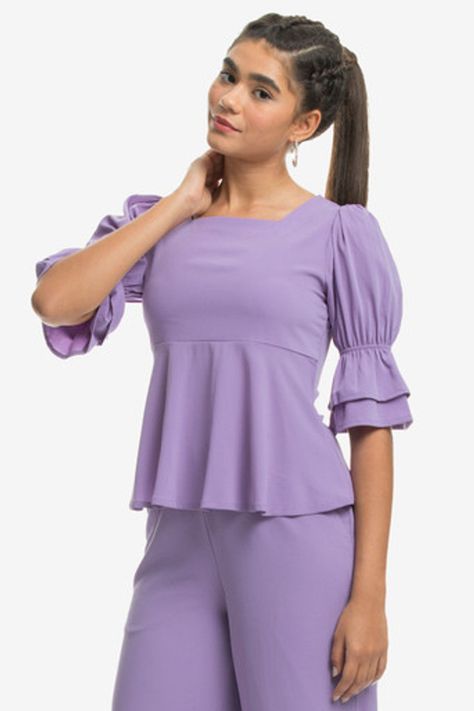 Purple Ruffled Sleeve Peplum Blouse Peplum Tops, Purple Blouse, Peplum Blouse, Blouse Online, Cash On Delivery, Timeless Fashion, Mood Board, Lilac, Perfect Fit