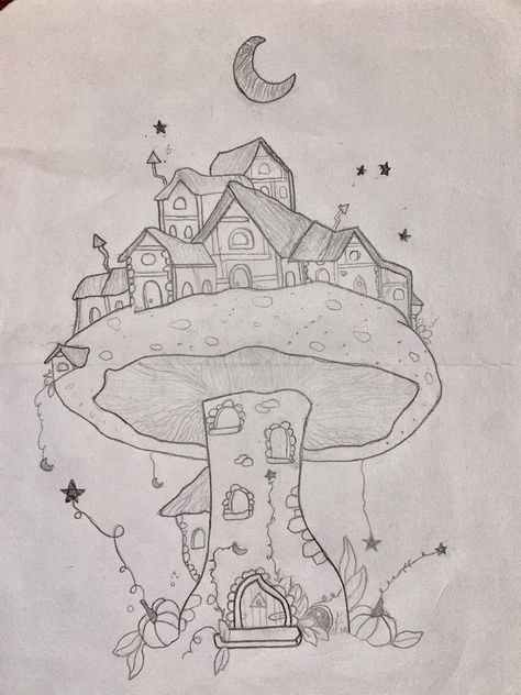 Fairytale Drawings, Mushroom City, Village Drawing, Mushroom Drawing, Color Drawing Art, Easy Love Drawings, Art Tools Drawing, Sketchbook Art Journal, Big Art