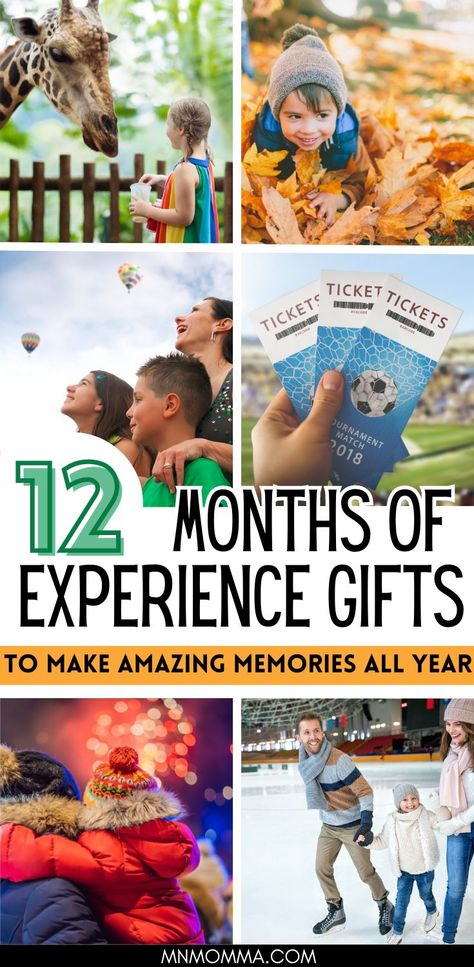 unique idea for gift giving 12 months of experience gift ideas for kids. One gift idea for each month. Monthly Family Activities, Experience Gifts For Kids, Non Toy Gifts, Christmas Experiences, Adventure Gifts, Kids Adventure, Gift Of Time, Experience Gifts, Kids Boxing