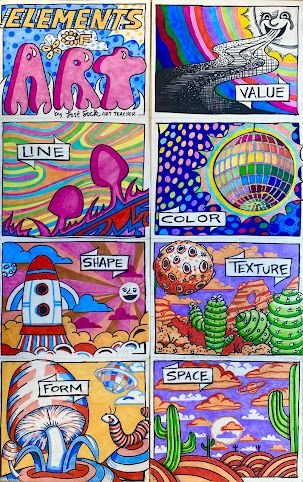 The Formal Elements Of Art, Art Elements Drawing, High School Color Theory Projects, Elements Of Art Drawing Ideas, Color Element Of Art, Space Element Of Art, Elements Of Art Drawing, Element Of Art Space, Elements Of Art Projects