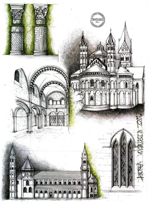 Romanic Architecture by dedeyutza on DeviantArt Romanesque Architecture Sketch, Ancient Poster, Architecture Drawing Sketchbooks, Architecture Drawing Plan, Architectural Sketches, Romanesque Architecture, Architecture Sketchbook, Roman Architecture, Architecture Design Drawing