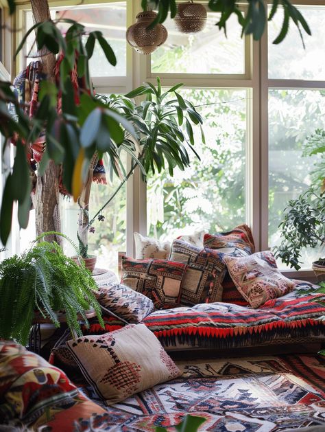 17 Airy Boho Sunroom Designs to Create Your Perfect Relaxation Spot Indoor Sunroom Furniture Bohemian, Sunroom Bohemian, Plant Sunroom Aesthetic, Arizona Sunroom, Narrow Sunroom, Sunroom With Plants And Books, Bohemian Sunroom, Boho Sunroom Ideas, Boho Sunroom