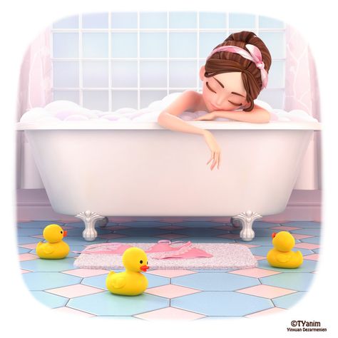 ArtStation - Life in pink, Yinxuan Dezarmenien Character Design Cartoon, Tub Time, In The Bathtub, Rubber Ducks, Bd Comics, Splish Splash, Character Modeling, Bubble Bath, 3d Characters