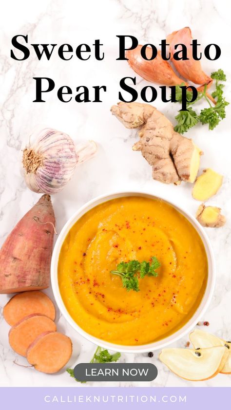 Fall in love with flavor and warmth in our Sweet Potato Pear Soup—crafted from an IC-safe cookbook, ensuring a delicious experience without compromise. Nourish your body with comfort, mindful of Interstitial Cystitis. Pear Soup, Canned Pears, Pear Juice, Nourish Your Body, Sweet Potato Soup, Saute Onions, Low Sodium, Fresh Mint, Yellow Onion