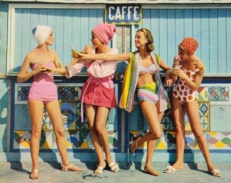 Déjà Vu Vintage Finery: Palm Springs Vintage Clothing: Vintage Inspiration | A Palm Springs Summer 50s Outfit, Vintage Swim, Rainbow Fashion, Vintage Swimwear, Vintage Swimsuits, Retro Mode, Vintage Life, 1960s Fashion, Carrie Bradshaw