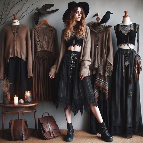 Moody Fall Outfits, Cottage Witch Aesthetic Fashion, Witchy Fashion Modern Witch, Dark Cottagecore Aesthetic Outfits, Boho Goth Outfits, Summer Witch Outfits, Witchcore Aesthetic Outfits, Witch Core Outfits, Witchy Aesthetic Outfit