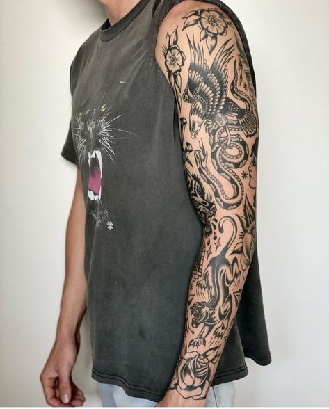 Traditional Arm Tattoo Men, Mens Traditional Tattoo Sleeve, Full Sleeve Tattoos Old School, Full Sleeve Patchwork Tattoo, Forearm Patch Work Tattoos, Neo Traditional Sleeve Men, Neo Traditional Tattoo Ideas For Men, Neo Traditional Tattoos Black And Grey Sleeve, Hawaiian Arm Sleeve Tattoo