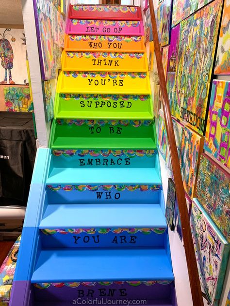 Black Floor Paint, Staircase Painted, Stairs Painted, Painting Stairs, Cement Steps, Stair Art, Rainbow House, Library Boards, Painted Patio