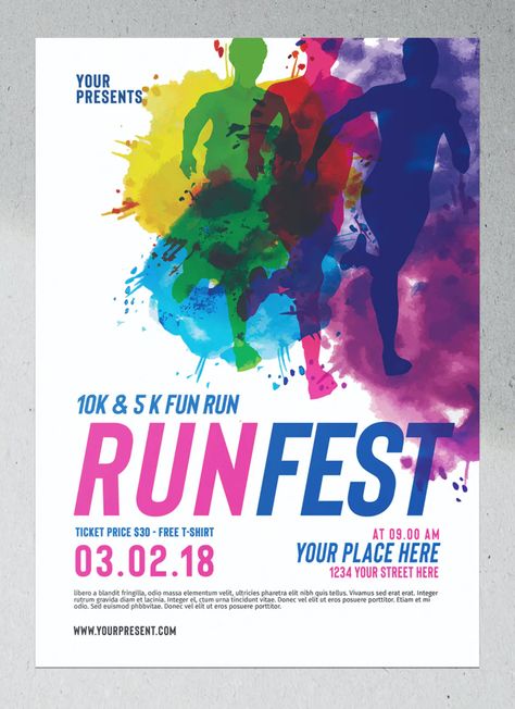 Run Festival Flyer Template PSD Color Run Poster Design, Festival Flyer Design, Brand Guidelines Design, Graphic Design Posters Layout, Running Team, Festival Flyer, Flyer Layout, Event Flyer Templates, Sports Graphic Design