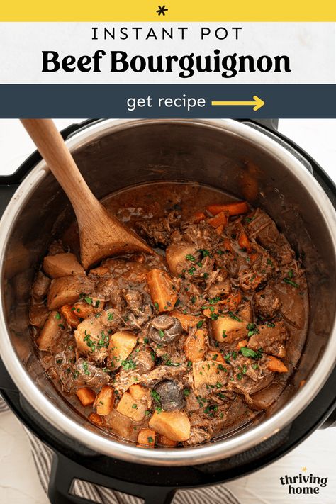 A pressure cooker spin on a classic, rustic French stew. While this rich, melt-in-your mouth Instant Pot Beef Bourguignon is easy to make, it results in an impressive cold weather dinner or holiday dish. Beef Burgandy Instapot, Beef Burgundy Instant Pot, Pressure Cooker Beef Stew Instant Pot, Beef Bourguignon Instant Pot, Instant Pot Beef Bourguignon Recipe, Instant Pot Beef Bourguignon, Pressure Cooker Stew, Cold Weather Dinner, French Stew