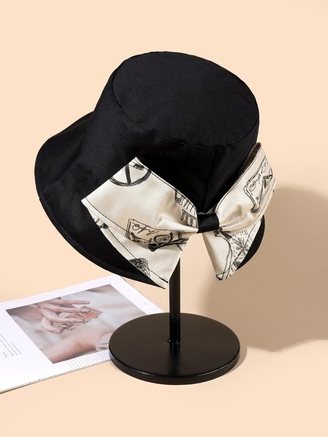 Black Casual   Polyester Graphic Bucket Hat Embellished  Spring/Fall Women Accessories Unique Bucket Hat, Bucket Hat Design Ideas, Bucket Hats Women Outfit, Denim Redesign, Bucket Hat Diy, Bucket Hat Designs, Bucket Hat Ideas, Doll Patterns Free Sewing, Custom Bucket Hats