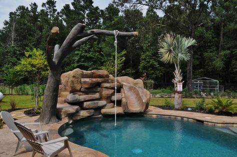 Waterfall with slide and rope swing made from concrete tree Indoor Conservatory, Concrete Tree, Awesome Pools, Pool Landscaping Ideas, Unique Pool, Swimming Pool Waterfall, Pool Life, Pool Slide, Waterfalls Backyard