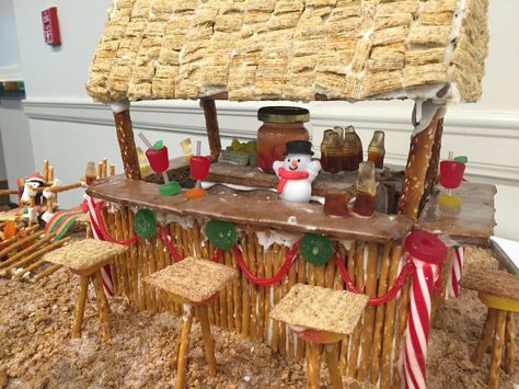 Gingerbread House Creative, Gingerbread Beach House Ideas, Gingerbread House Contest Ideas, Tiki Bar Gingerbread House, Beach Gingerbread House, Gingerbread Beach House, Gingerbread House Beach Theme, Tiki Gingerbread House, Creative Gingerbread House Ideas