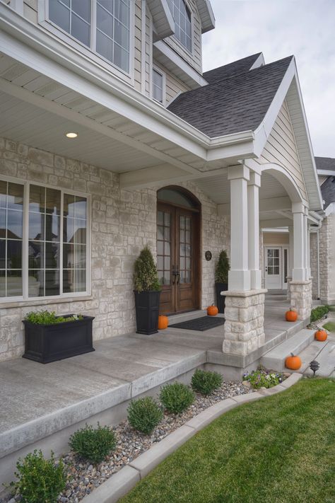 White Stone House Exterior, Outdoor Siding, Front Porch Stone, House Columns, Front Porch Addition, Austin White, Stone Porches, Stone Exterior Houses, Ranch House Exterior