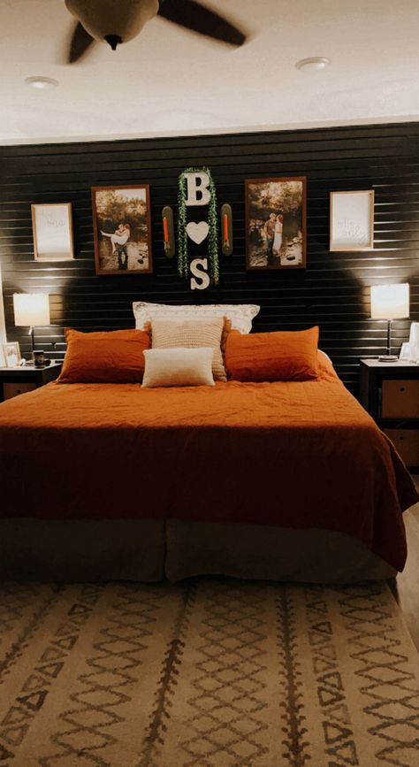 Bedroom With Black Accent Wall, Western Accent Wall, Black Accent Wall, Black Accent Walls, Western Bedroom, Bedroom Black, Master Bedding, Black Accents, Accent Wall