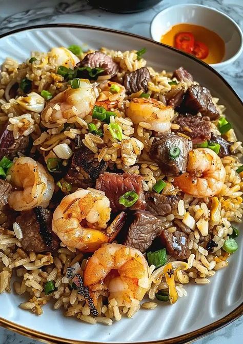 Shrimp & Steak Fried Rice | Delectable Recipe Shrimp Fried Rice No Veggies, Shrimp And Steak Fried Rice Recipe, Shrimp Recipes And Rice, Steak And Shrimp Bowls, Steak And Shrimp Fried Rice Recipe, Steak And Shrimp Rice Bowl, Steak Bowls With Rice, Shrimp And Steak Fried Rice, Hibachi Shrimp Fried Rice