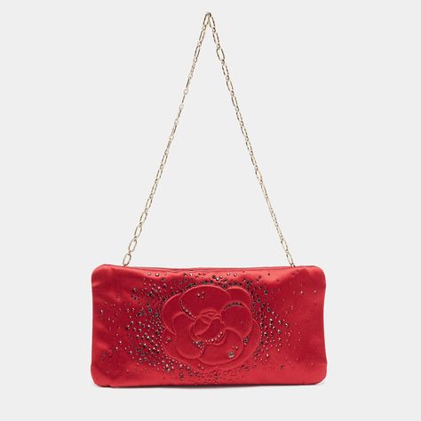 Chanel Red Satin Embellished Strass Camellia Chain Clutch Bank Card, Luxury Closet, Red Satin, Bag Tags, Luxury Bags, Chanel, Satin, Shoulder Bag, Chain