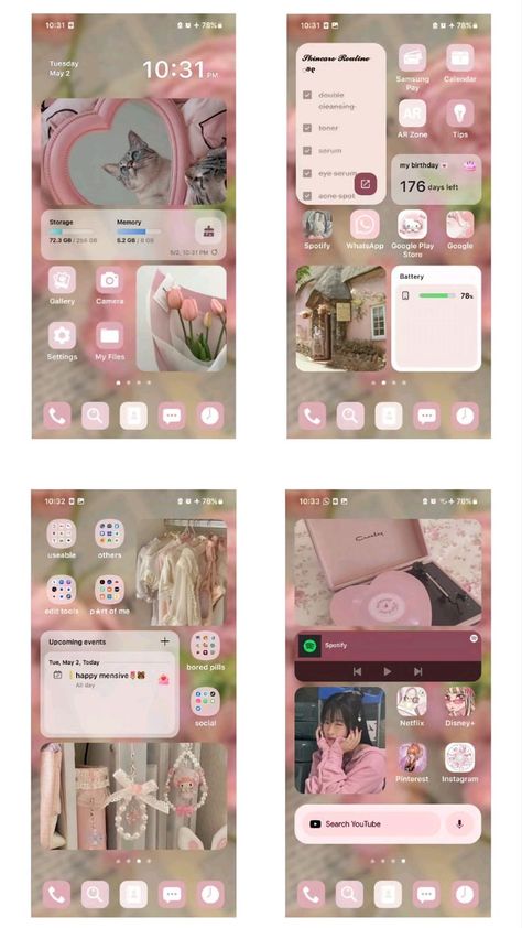 Galaxy Homescreen Layout, Samsung Phone Customization, Samsung Aesthetic Theme, Aesthetic Theme For Phone, Samsung Customization Ideas, Samsung Apps Organization, Samsung Icon Aesthetic, Samsung Layout Ideas, Phone Theme Ideas Android