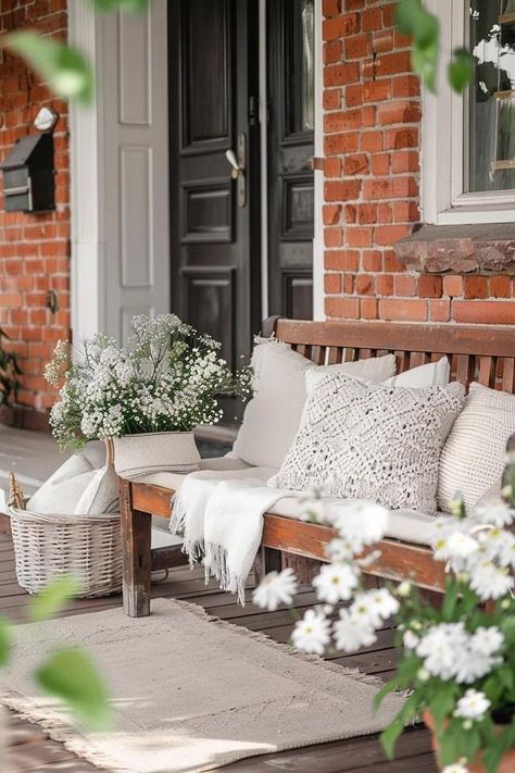 Red Brick House Front Porch Ideas for Cozy Charm Brick House Curb Appeal, Red Brick House Front Porch, Brick House Front Porch Ideas, Brick Front Porch, Red Brick House Exterior, Brick Porch, House Front Porch, Sleek Furniture, Red Brick House