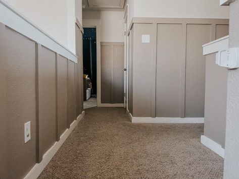 Upstairs Hallway Board & Batten – Love & Renovations Hallway Board And Batten, Wood Laundry Room, Laundry Room Counter, Diy Laundry Room, Laundry Room Countertop, Board Batten, Board And Batten Wall, Upstairs Hallway, Laundry Room Diy