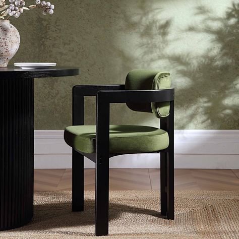 DESCRIPTIONS Our popular Stanford chair is now relaunched with facelifted appearance and material. Inspired by mid-century design, our Stanford dining chair features elegant curved silhouette. Crafted from solid oak frame, the chair frame has been stained in black colour, paired with beautiful moss green velvet fabric upholstered seat and back for a statement look. Size: W 56.5 x D 54.5 x H 77 cm. Seat height: 46 cm. 1 chair packed in 1 box. Assembly required. Complete the look: Pictured with ou Three Seater Sofa Bed, Green Velvet Chair, Folding Dining Chairs, Sofa Bed With Chaise, Corner Dining Set, Green Velvet Fabric, Concrete Dining Table, Chair Frame, Black Dining Chairs