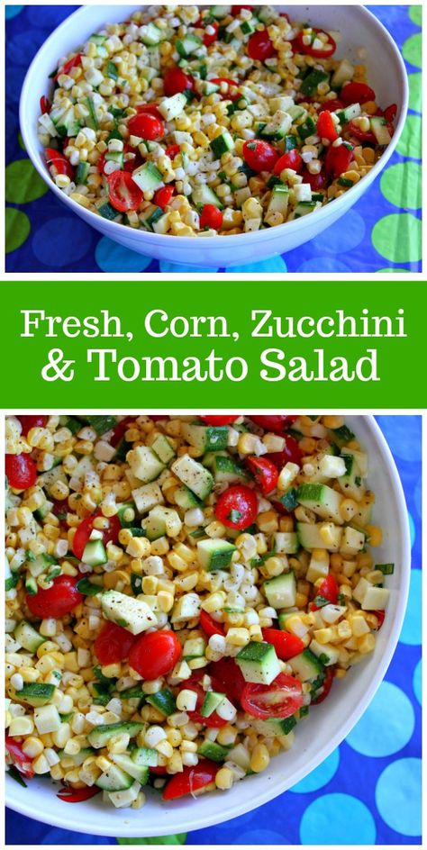 Fresh Corn, Zucchini and Tomato Salad recipe from RecipeGirl.com Fresh Corn Recipes, Zucchini And Tomato, Corn Zucchini, Tomato Salad Recipe, Zucchini Tomato, Tomato Salad Recipes, Summer Corn Salad, Lake Food, Summer Salad Recipes