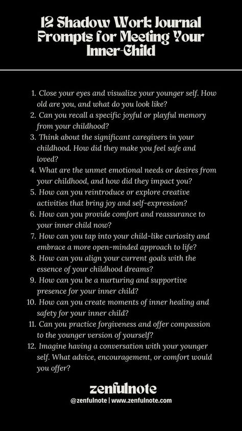 Connecting with your inner child can be a powerful and healing experience. This process is about fostering self-compassion and understanding. Take your time, be patient with yourself, and approach these questions with a gentle and loving mindset. Work Journal Prompts, Shadow Work Journal Prompts, Shadow Work Spiritual, Mindfulness Journal Prompts, Be Patient With Yourself, Shadow Work Journal, Mental Healing, Journal Questions, Journal Inspiration Writing