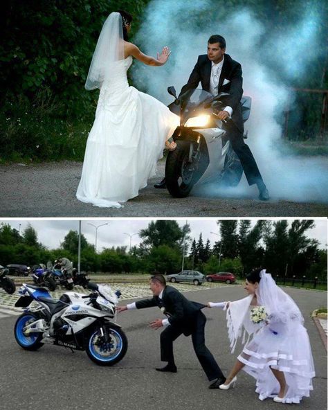 This is the end :) #bikes #wedding Motorcycle Wedding Ideas, Wedding Ideas Funny, Couple Motard, Bike Wedding, Motorcycle Wedding, Biker Wedding, Motorcycle Couple, Biker Love, Bike Lovers